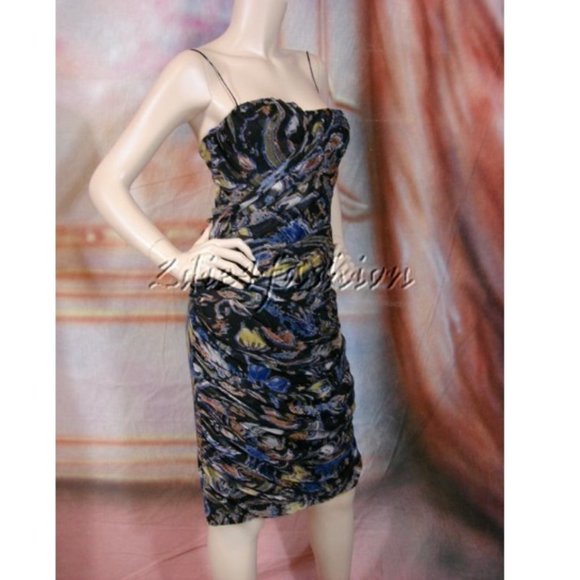 $2620 New BLUMARINE Strapless Blue Black Green Yellow Silk Art Print Dress 4